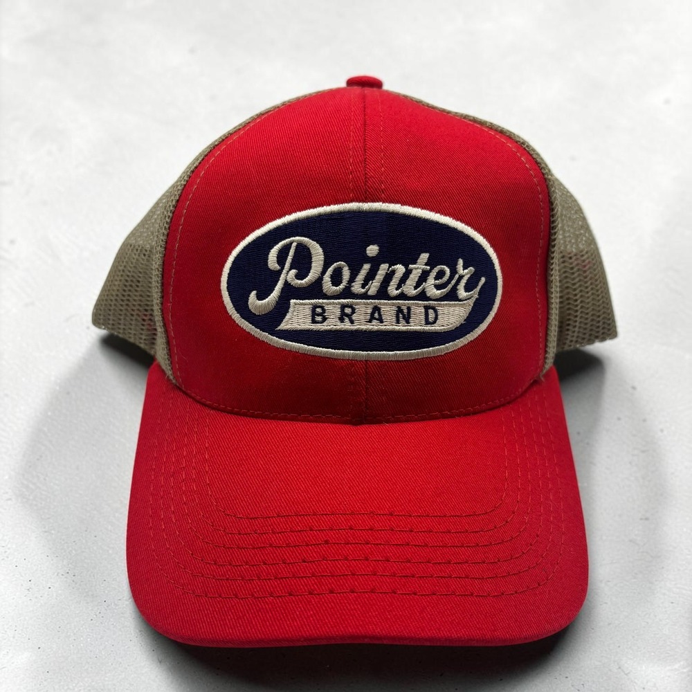 Vintage Trucker Hat Pointer Brand Patch Red Tan Cotton Mesh Snapback USA Cap